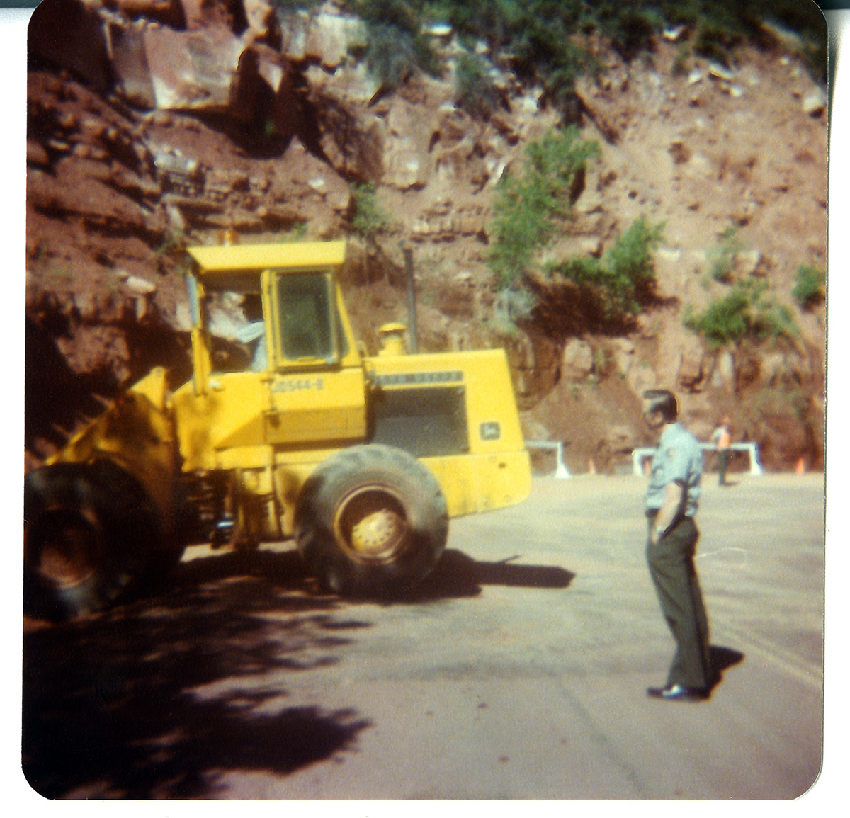 A 1930s photograph of a road crew and machinery grading the switchbacks of the Zion–Mount Carmel Highway, Zion National Park, Utah.