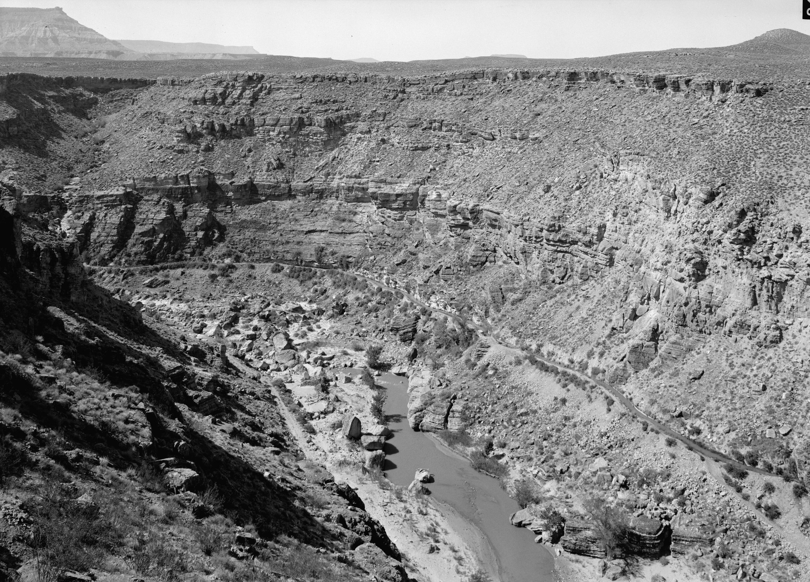 The Virgin River gorge above Hurricane in 1971, with the Hurricane Canal traversing the canyon wall as a thin line above the river
