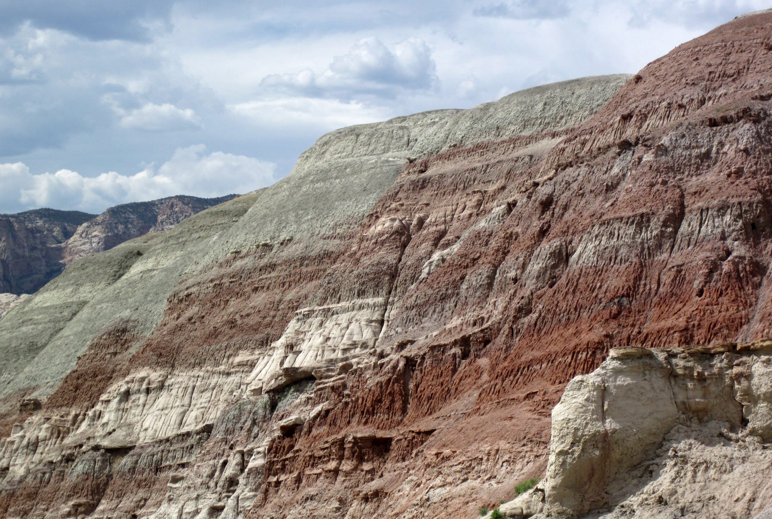 Variegated grey-green, red and white mudstone beds of the Morrison Formation eroding into rain-gullied slopes at Dinosaur National Monument, Utah.
