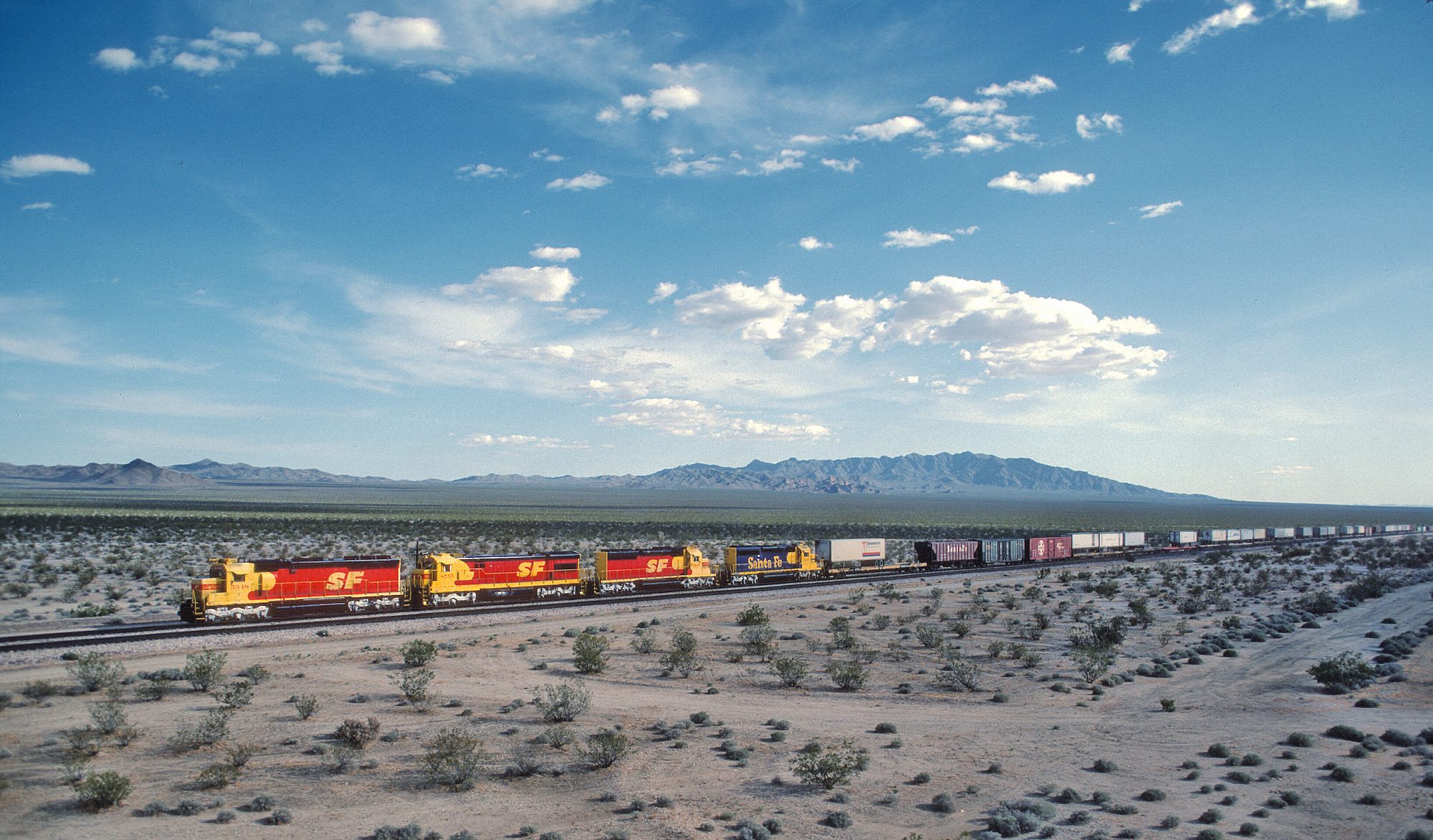 Atchison, Topeka and Santa Fe locomotive 5348 at Essex, California, on the railroad's Needles Subdivision across the Mojave, photographed in April 1987.