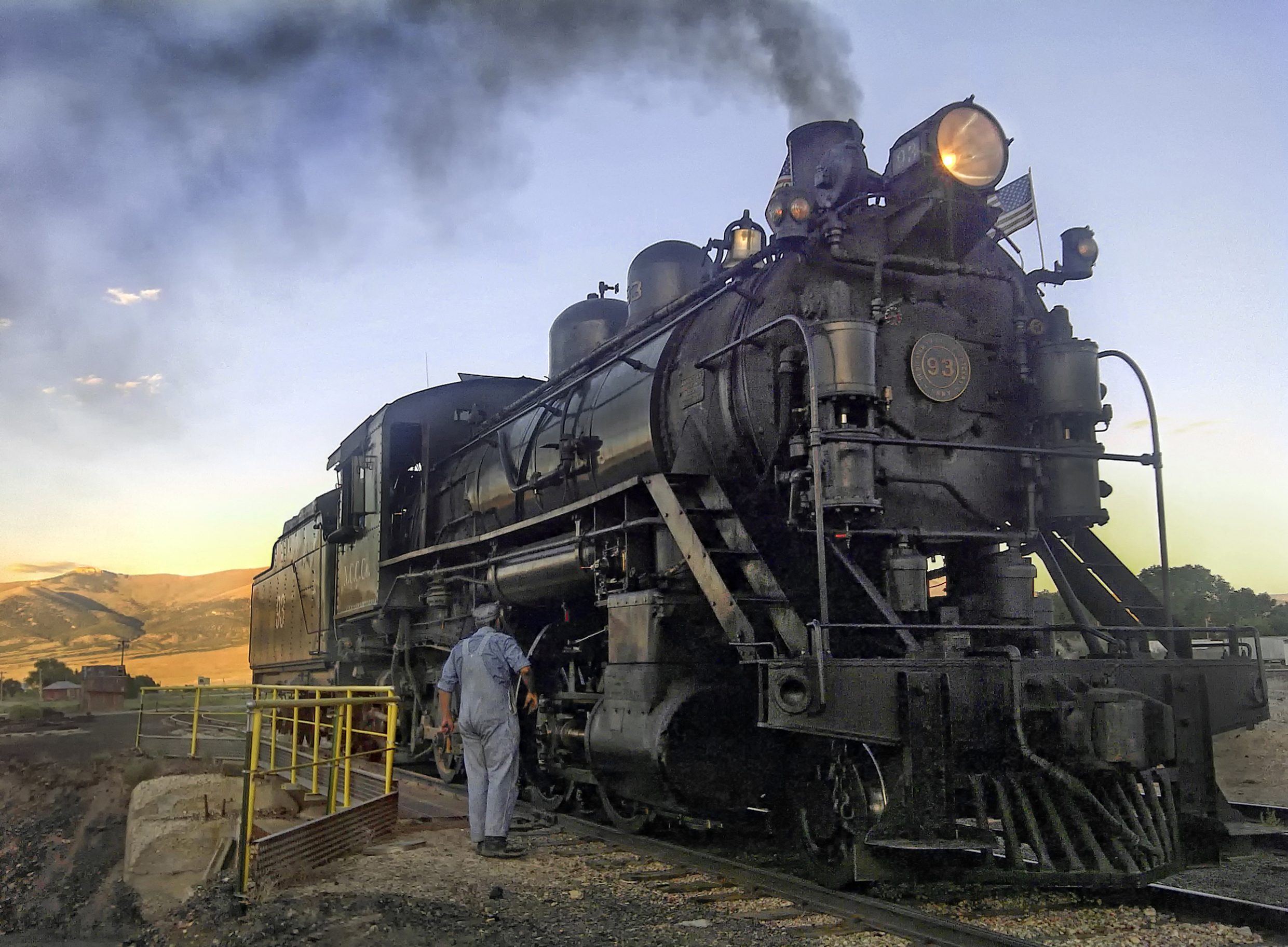 The Nevada Northern Railway's steam locomotive No. 93 under steam at the historic railyard in Ely, Nevada.