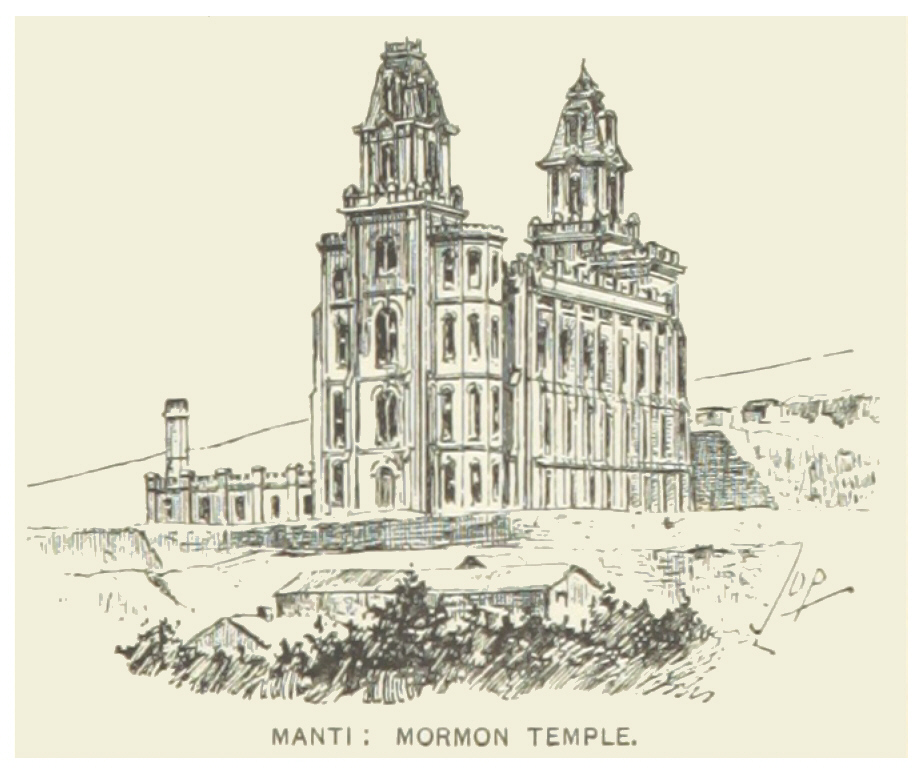An 1891 engraving of the Manti Temple in Sanpete Valley, Utah, dedicated in 1888 and built by the region's Mormon settlers, many of them Scandinavian immigrants.