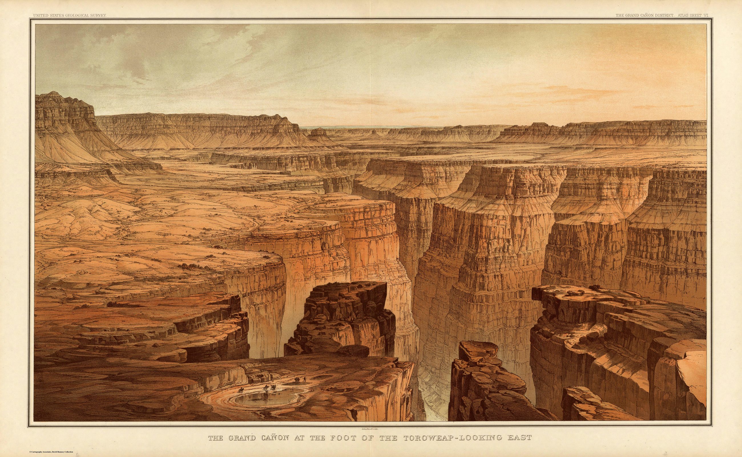Atlas Sheet VI from Clarence Dutton's 1882 Tertiary History of the Grand Canon District, printed complete with its survey headers and engraved caption — a lithograph by William Henry Holmes showing the Grand Canon at the foot of the Toroweap, looking east, the layered cliffs of the Colorado Plateau stepping down to the inner gorge.