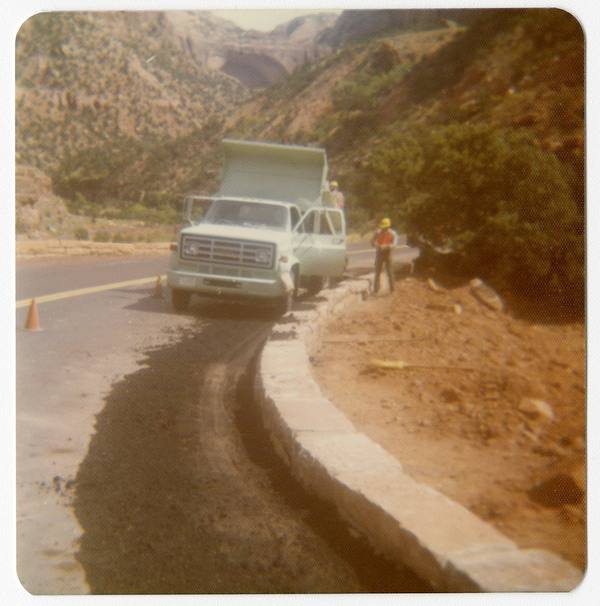 A 1930s photograph of a road crew at work on the cliffside switchbacks of the Zion–Mount Carmel Highway, Zion National Park, Utah.