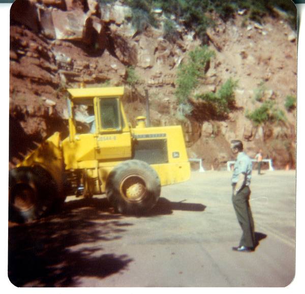 A 1930s photograph of a road crew and machinery grading the switchbacks of the Zion–Mount Carmel Highway, Zion National Park, Utah.