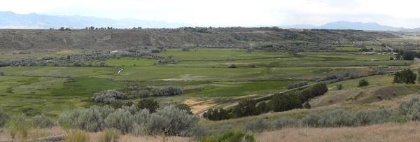 The green river bottoms of the Bear River at Boa Ogoi, with sagebrush benches rising beyond