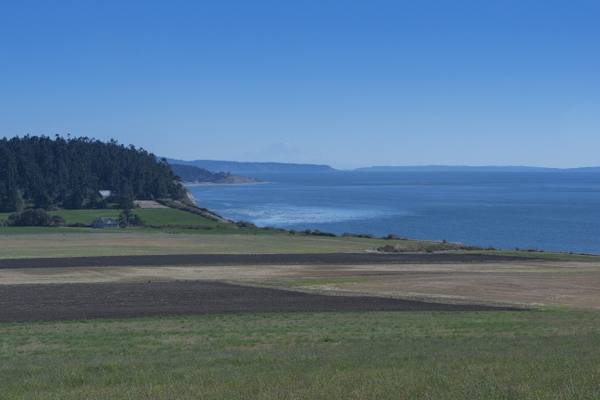 The open farm fields of Ebey's Prairie running to the bluff above the Strait of Juan de Fuca, the far shore fading into haze