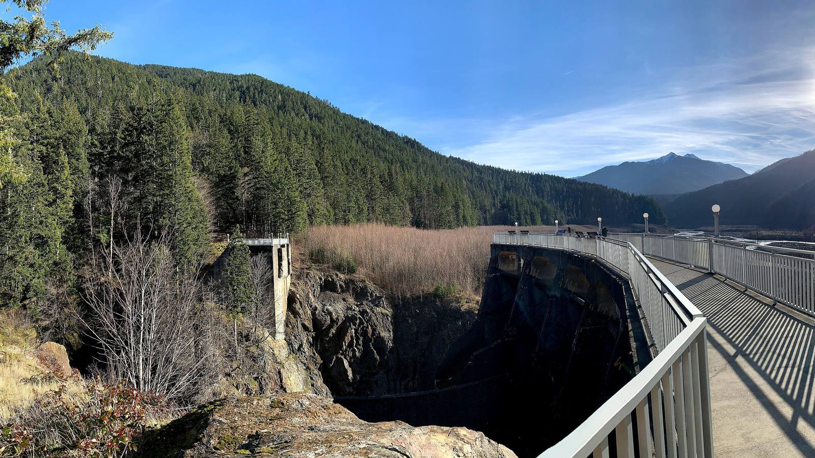 The walkway along the old spillway of Glines Canyon Dam, its railing curving above the dark rock slot where the dam stood, with the tan, regrowing bed of the old reservoir and forested ridges beyond
