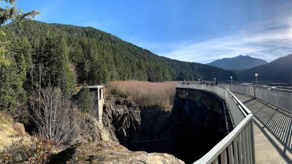 The walkway along the old spillway of Glines Canyon Dam, its railing curving above the dark rock slot where the dam stood, with the tan, regrowing bed of the old reservoir and forested ridges beyond