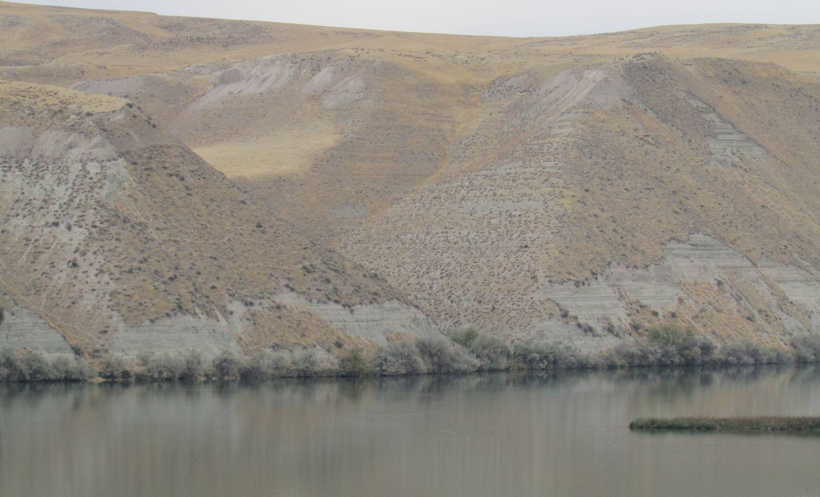 Layered pale sediment bluffs of the Hagerman fossil beds rising above the still Snake River