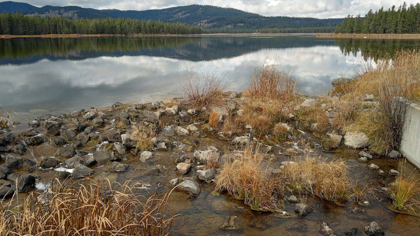 A still lake in Harriman State Park reflecting clouds and a forested ridge, dry grass and cobbles on the shore