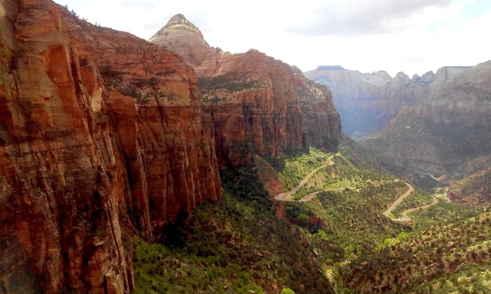 The switchbacks of Highway 9 seen from high above, the road doubling back on itself again and again as it climbs a wooded slope toward the Zion–Mount Carmel Tunnel. A sheer red and cream cliff face fills the left of the frame beneath a pale-capped summit, green slopes fall away below, and the canyon opens westward to distant mesas under a bright overcast sky.