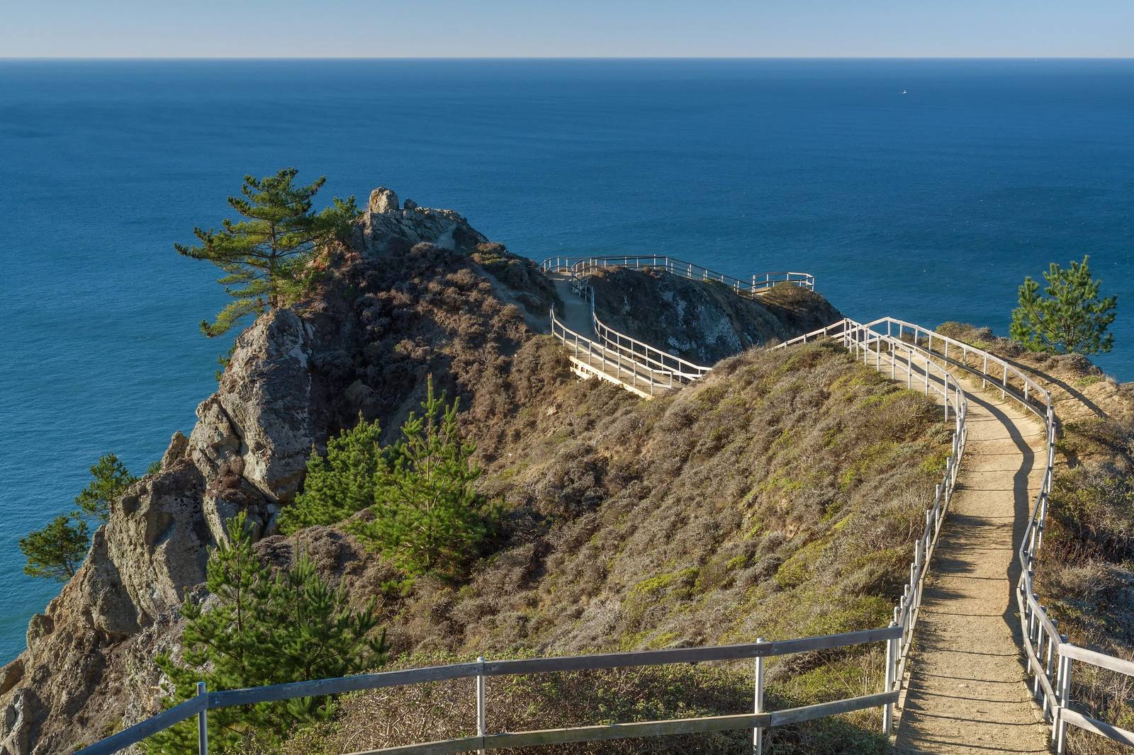 A railed path running out along a narrow rocky spine at Muir Beach Overlook, the slope falling away on both sides to the blue Pacific, with cypress and coyote brush on the rock.