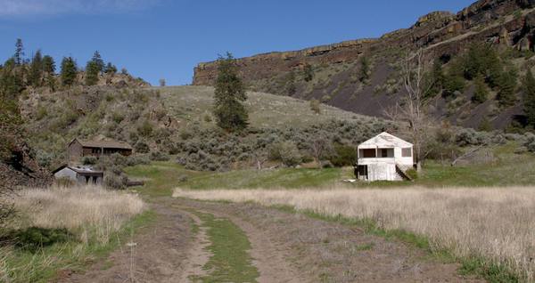 The Northrup homestead in its side canyon, a white frame house and outbuildings in the grass beneath basalt cliffs and scattered pines