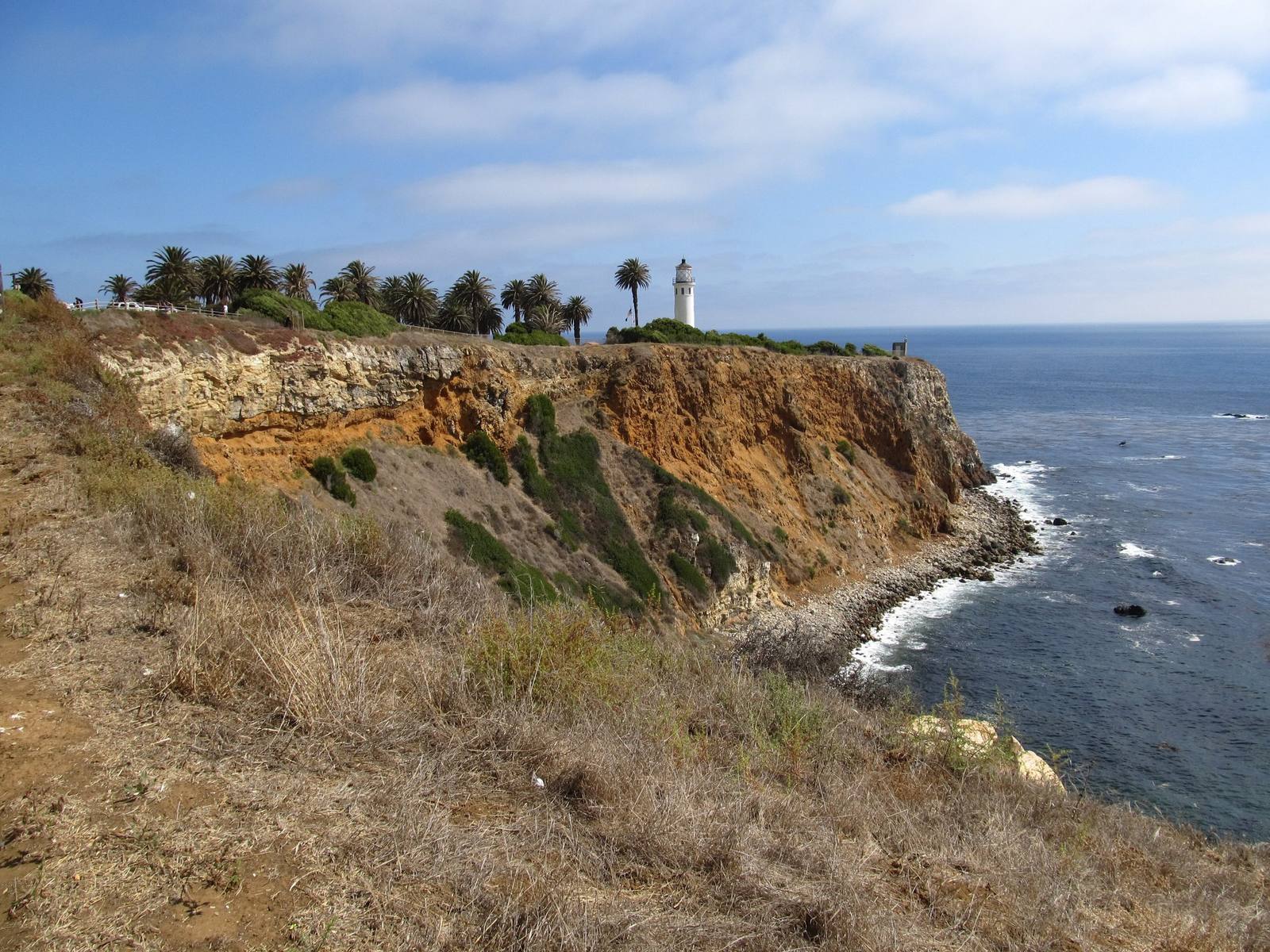 The Point Vicente headland dropping to the Pacific, the lighthouse small on the bluff above deep water close to shore.
