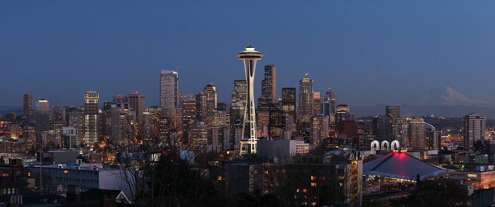 Downtown Seattle and the Space Needle at dusk from Queen Anne Hill, Mount Rainier on the horizon