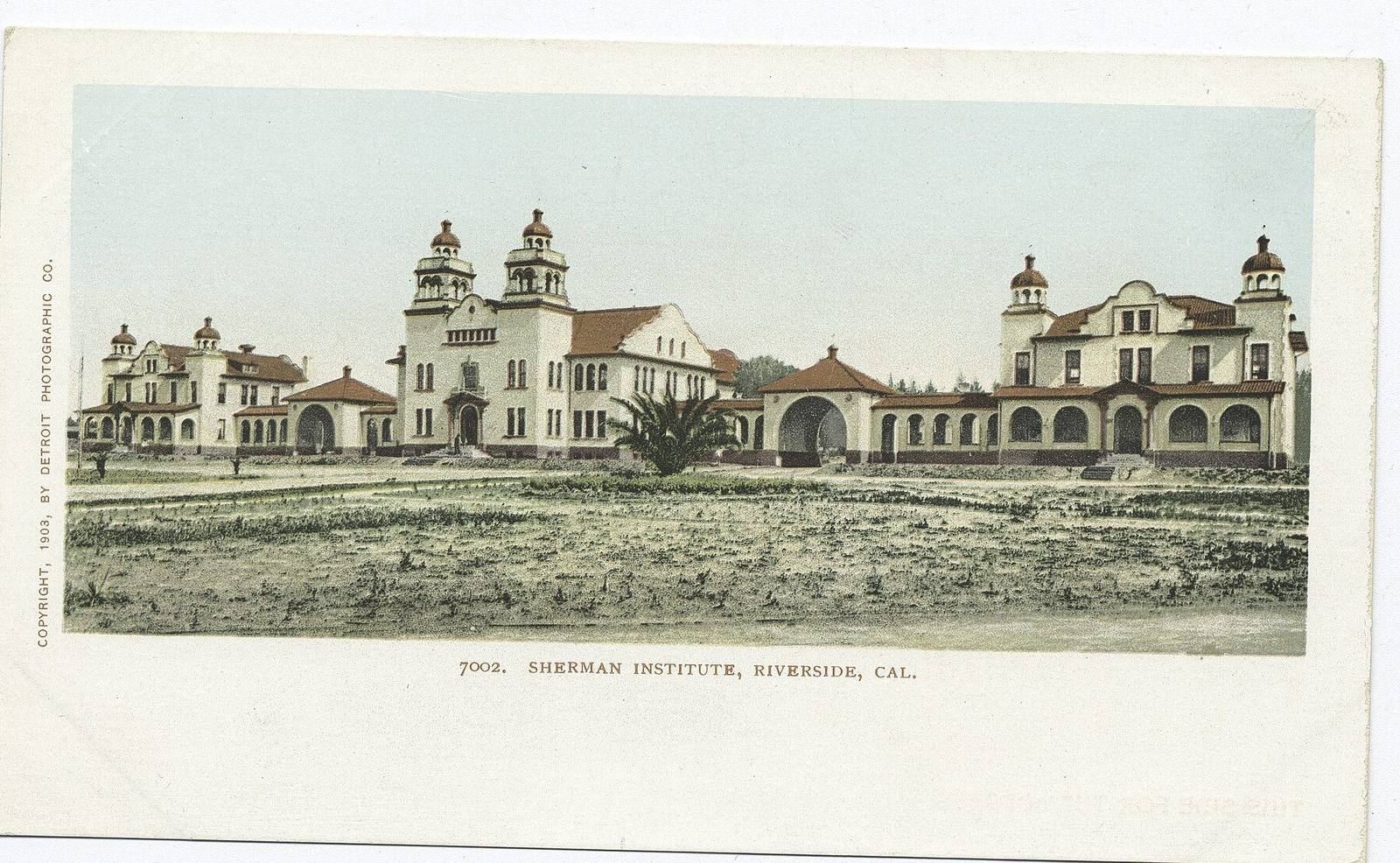 A 1903 postcard view of the Sherman Institute campus at Riverside, its buildings standing on open ground.