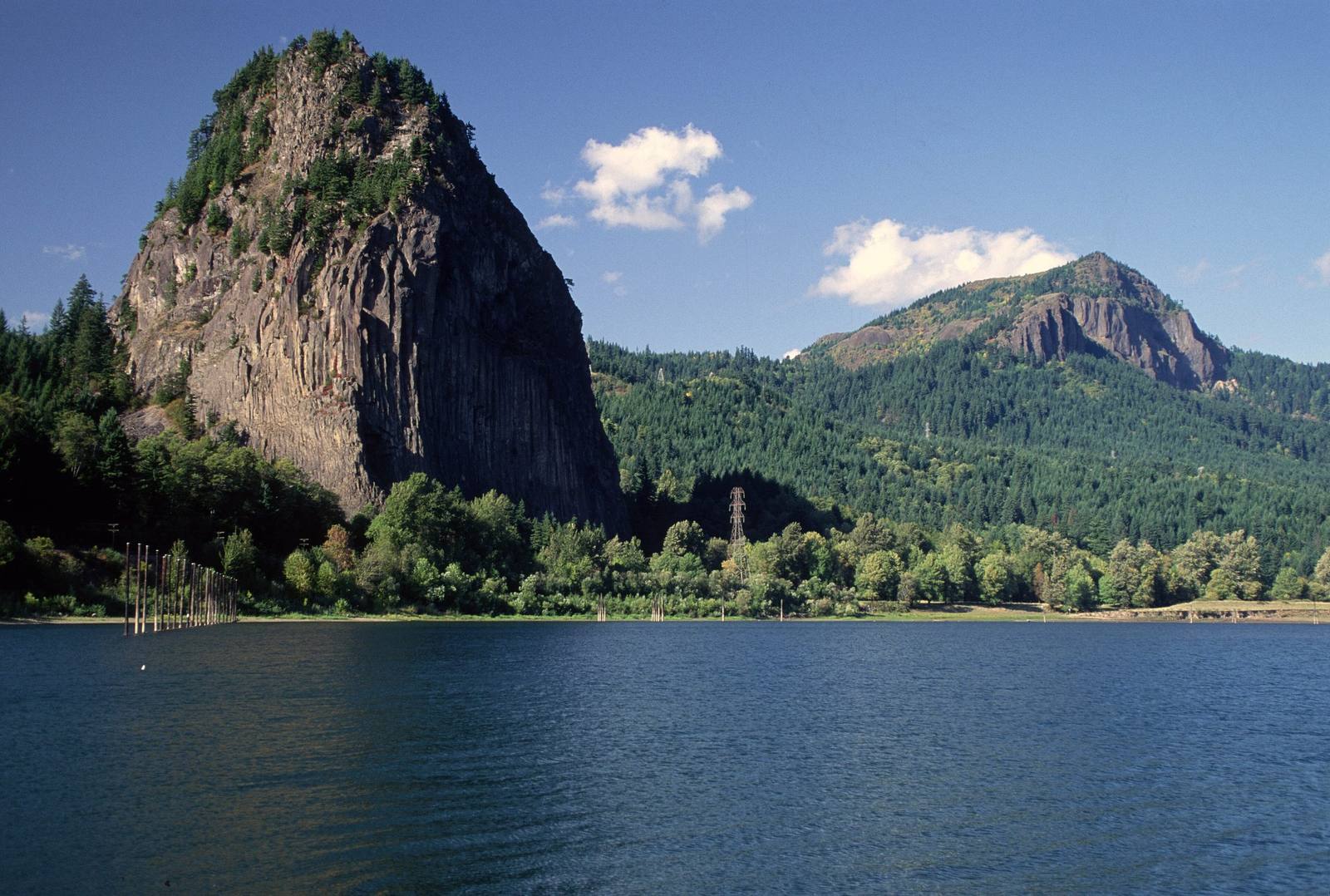 Beacon Rock, a sheer basalt plug on the Washington shore of the Columbia, with Hamilton Mountain behind and the river in front