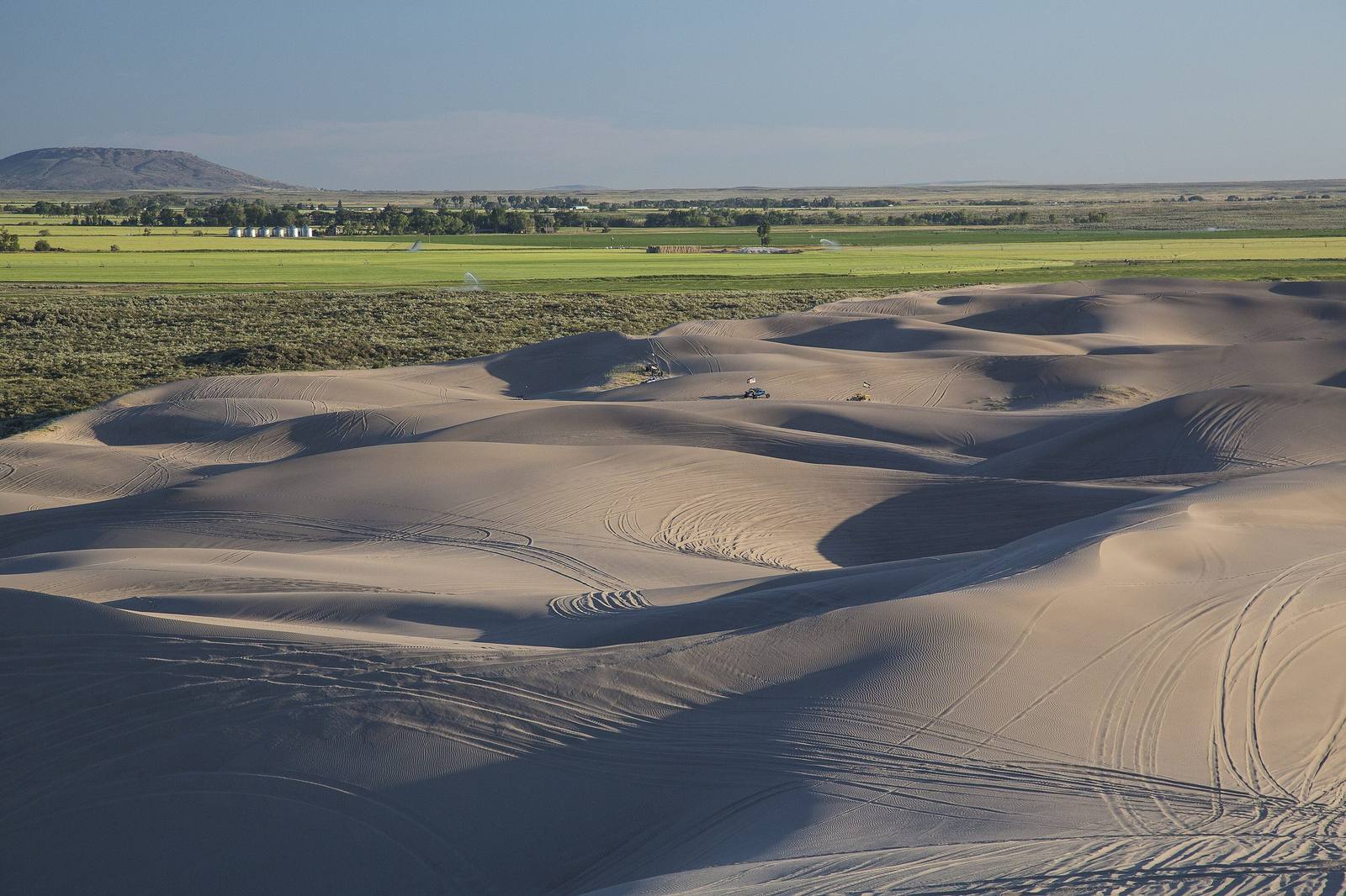 Rolling pale dunes crossed by tire tracks at St. Anthony, with green farmland and a distant butte beyond