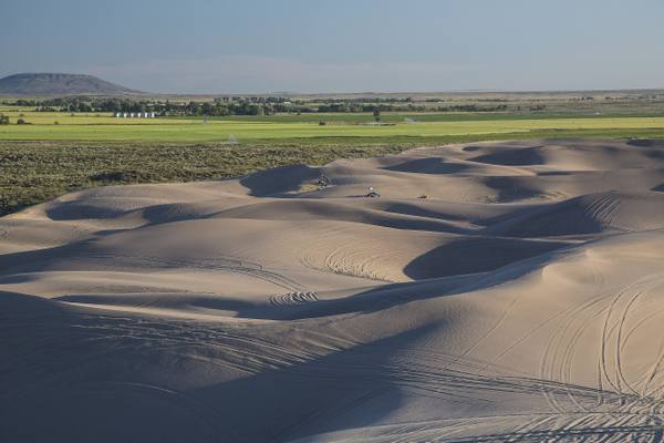 Rolling pale dunes crossed by tire tracks at St. Anthony, with green farmland and a distant butte beyond