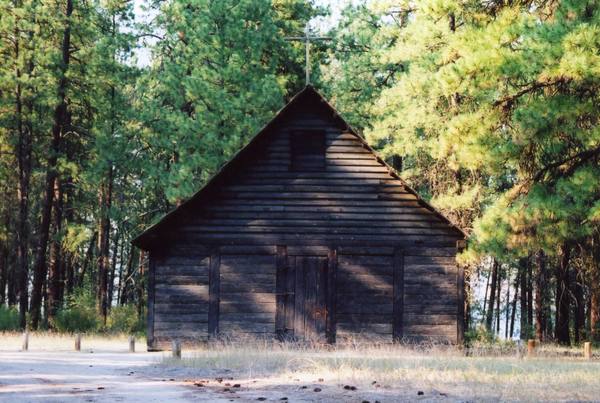 The small hewn-log chapel of St. Paul's Mission among ponderosa pines