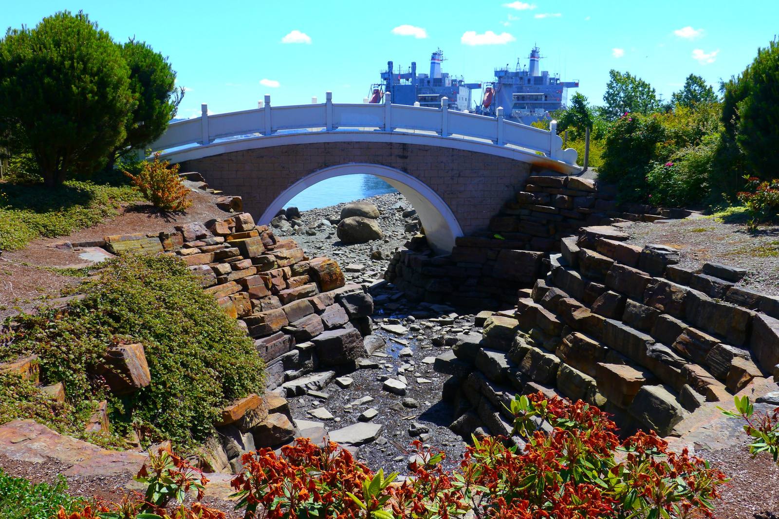 A white arched footbridge over a dry stone streambed in the garden at Tacoma's Chinese Reconciliation Park, shrubs in red bloom around it