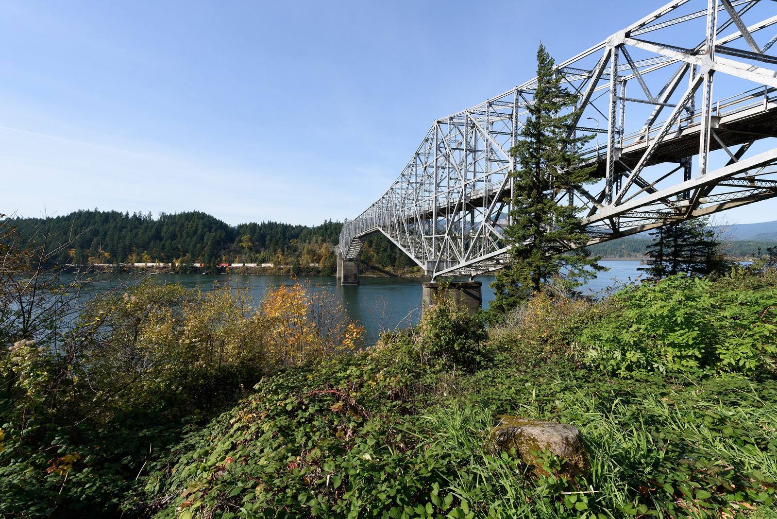 The steel truss of the modern Bridge of the Gods crossing the Columbia at Cascade Locks