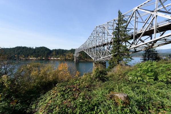 The steel truss of the modern Bridge of the Gods crossing the Columbia at Cascade Locks