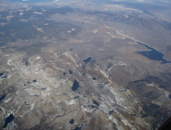 An aerial view of the High Sierra near Mammoth Lakes, California, on the rim of the Long Valley Caldera.