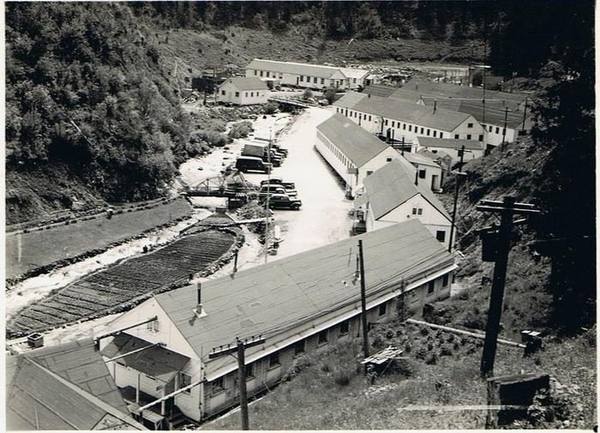 Barracks of the Kooskia Internment Camp in the narrow Lochsa canyon during the Second World War