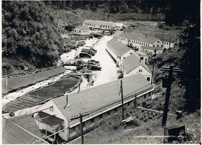 Barracks of the Kooskia Internment Camp in the narrow Lochsa canyon during the Second World War