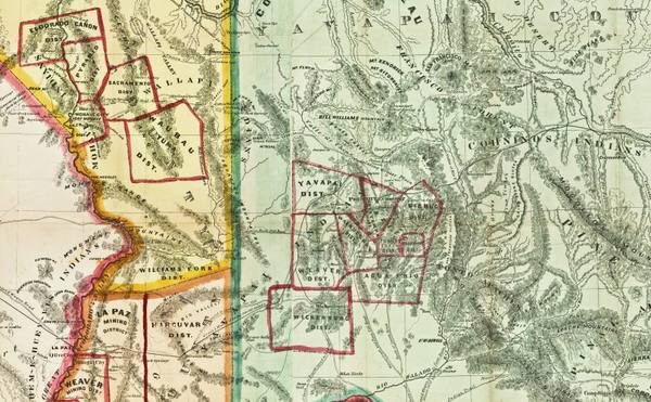 A detail of Richard Gird's 1864 Official Map of the Territory of Arizona, showing Prescott and Fort Whipple newly lettered inside the Yavapai mining district — one of a dozen districts outlined in red across country the same sheet letters as Coconinos Indians.