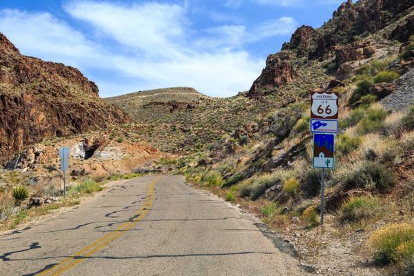 Historic Route 66 winding through the Black Mountains at Sitgreaves Pass in western Arizona.
