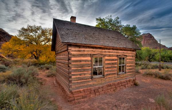 A 1964 Historic American Buildings Survey photograph of the one-room Fruita schoolhouse, built 1896, on Highway 24 in Capitol Reef National Park, Utah.