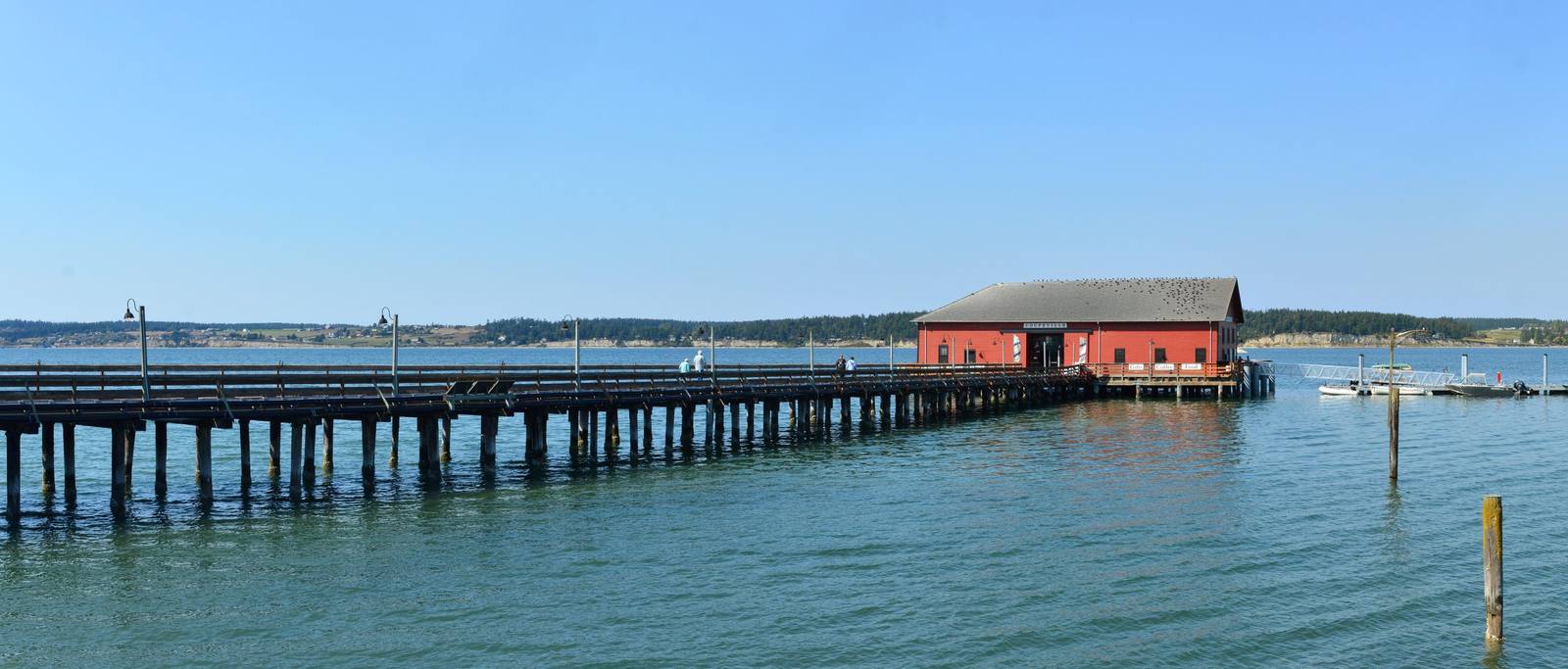 The long Coupeville wharf and its red building reaching out over the calm blue water of Penn Cove