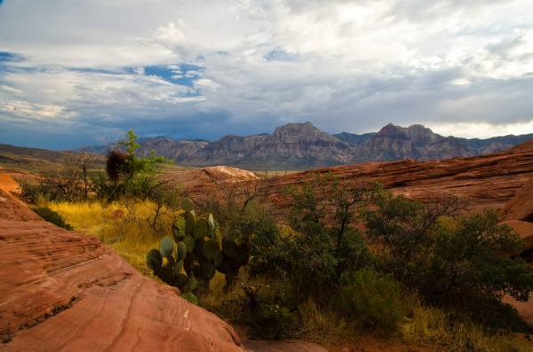 Red Aztec sandstone in the foreground below the Red Rock Canyon escarpment, where pale gray limestone caps the red cliffs under a stormy sky.