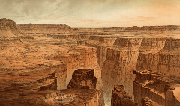 An 1882 chromolithograph by William Henry Holmes, "The Grand Cañon at the Foot of the Toroweap — Looking East," from Clarence Dutton's U.S. Geological Survey atlas, showing the layered sedimentary cliffs of the Colorado Plateau.