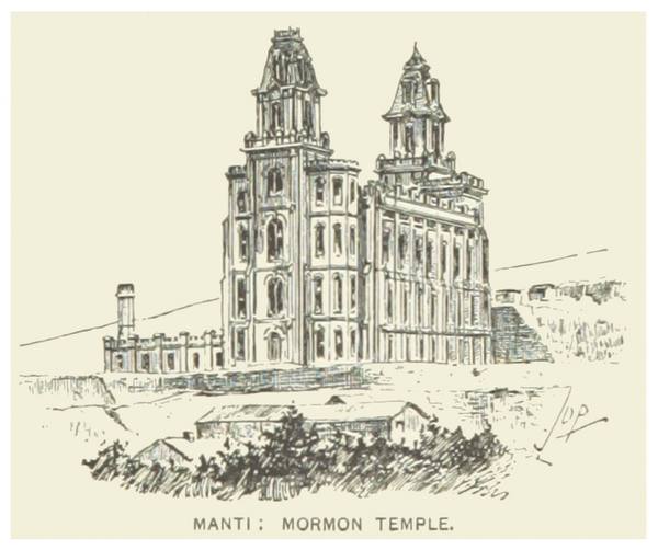 An 1891 engraving of the Manti Temple in Sanpete Valley, Utah, dedicated in 1888 and built by the region's Mormon settlers, many of them Scandinavian immigrants.
