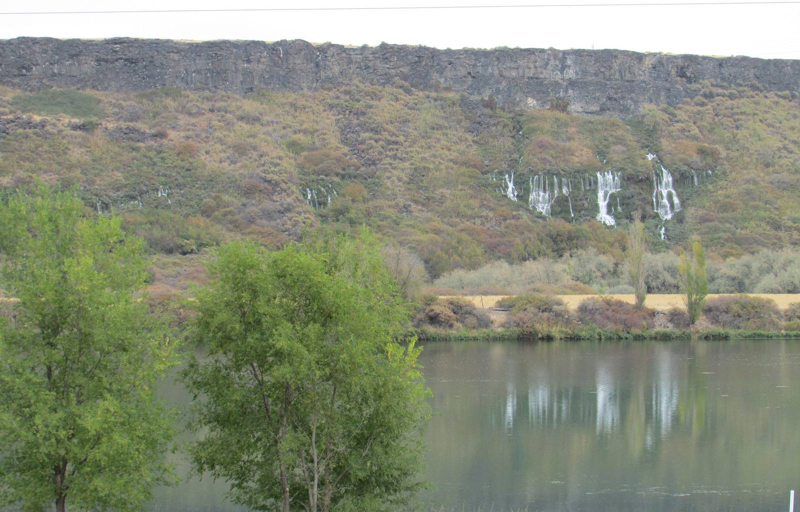Springs pouring white out of the basalt wall of the Snake River canyon at Thousand Springs, reflected in the river