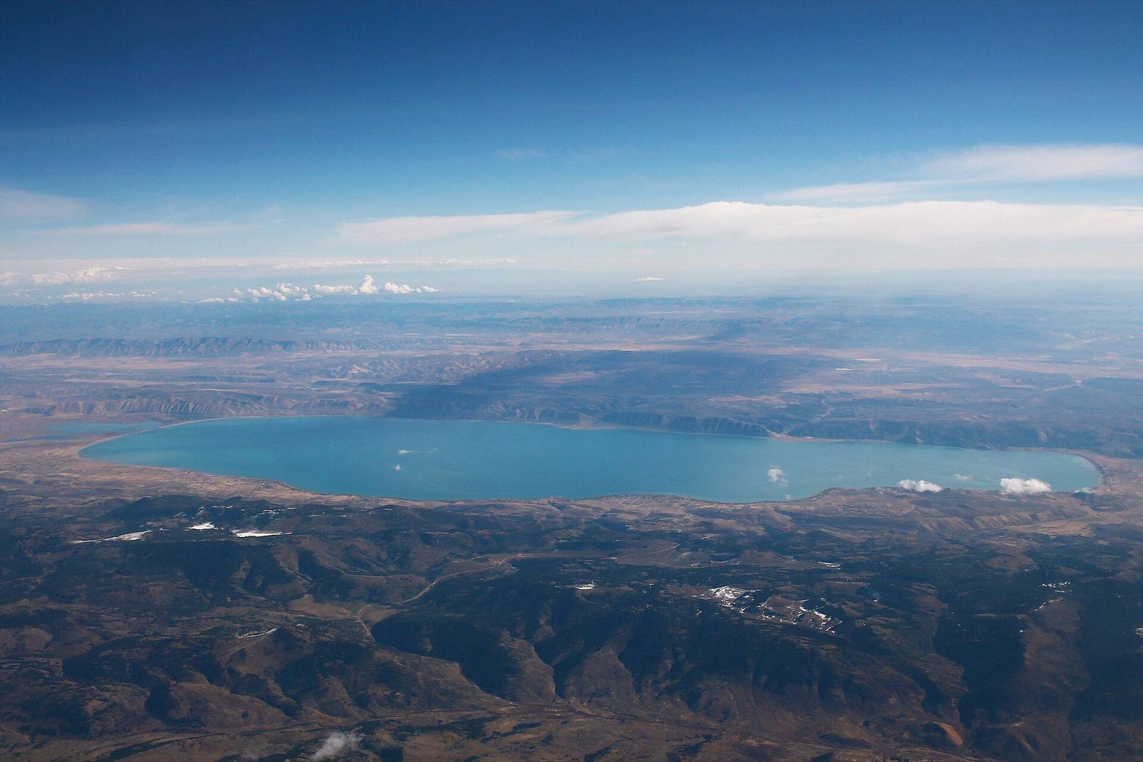 Bear Lake from the air, its turquoise water filling the high valley on the Utah-Idaho line