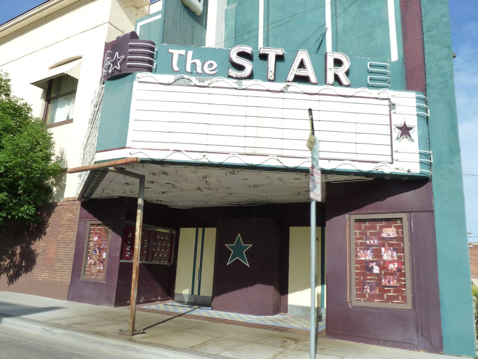 The green-tiled marquee of the Star Theater on State Street in downtown Weiser