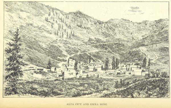 An 1879 wood engraving, "Alta City and Emma Mine," showing the silver-mining town of Alta in Utah's Little Cottonwood Canyon, with mine workings cut into the surrounding Wasatch hillsides.